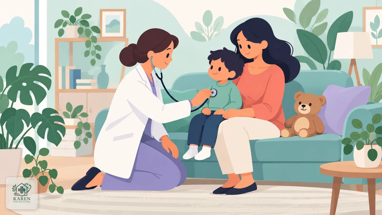 ویزیت کودک در منزل؛ پزشک کودک را در آغوش والد معاینه می‌کند