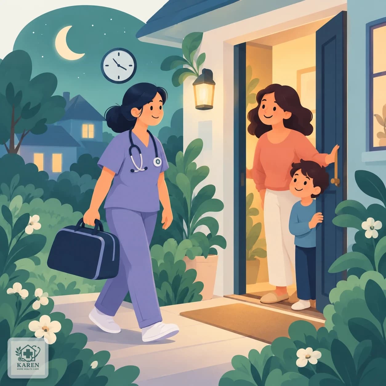 پرستار کارن درمان با کیف تجهیزات در حال ورود به منزل برای وصل سرم، شبانه‌روزی