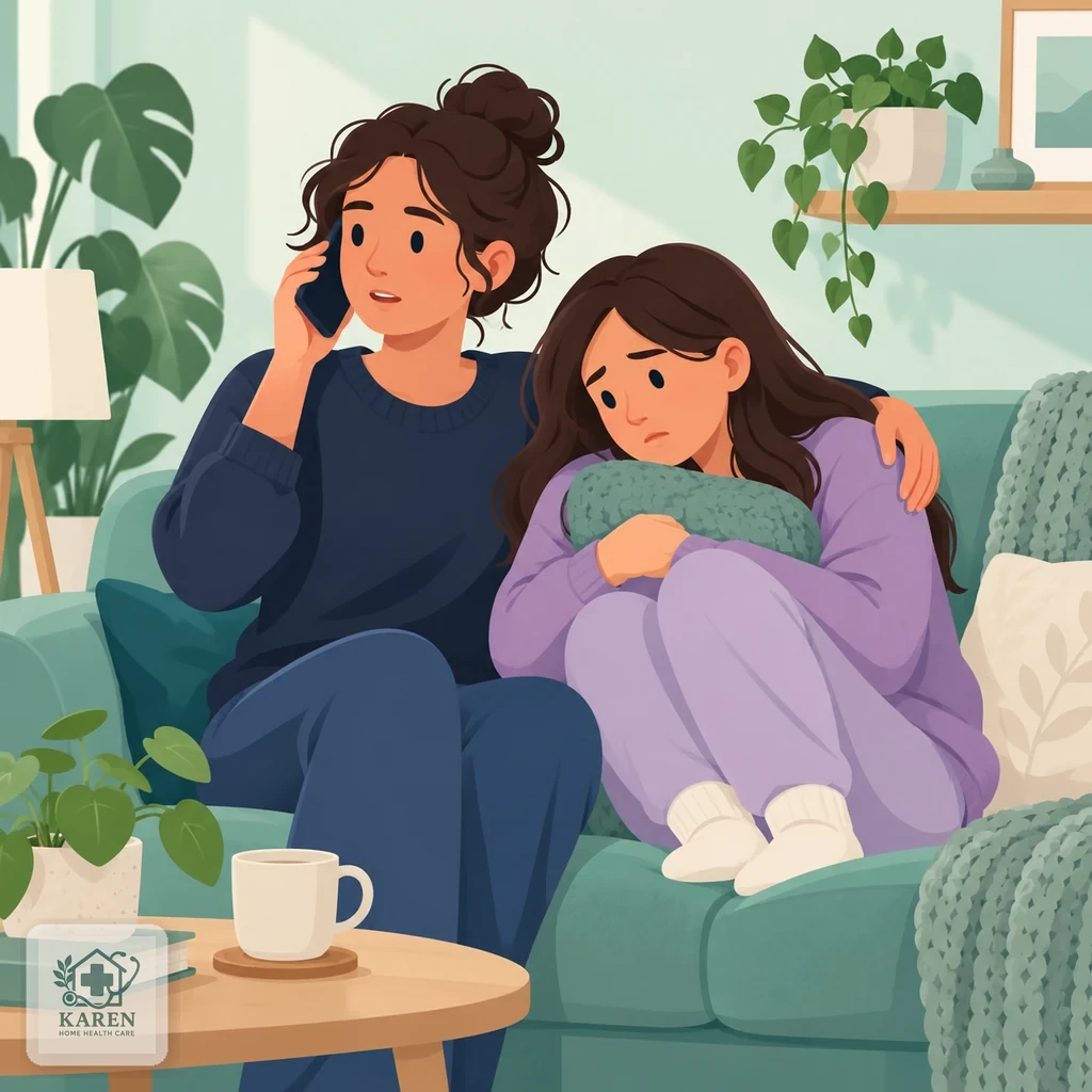 دو دوست روی مبل؛ یکی گوشی را برای تماس اورژانس در دست دارد و دیگری نگران کنارش است