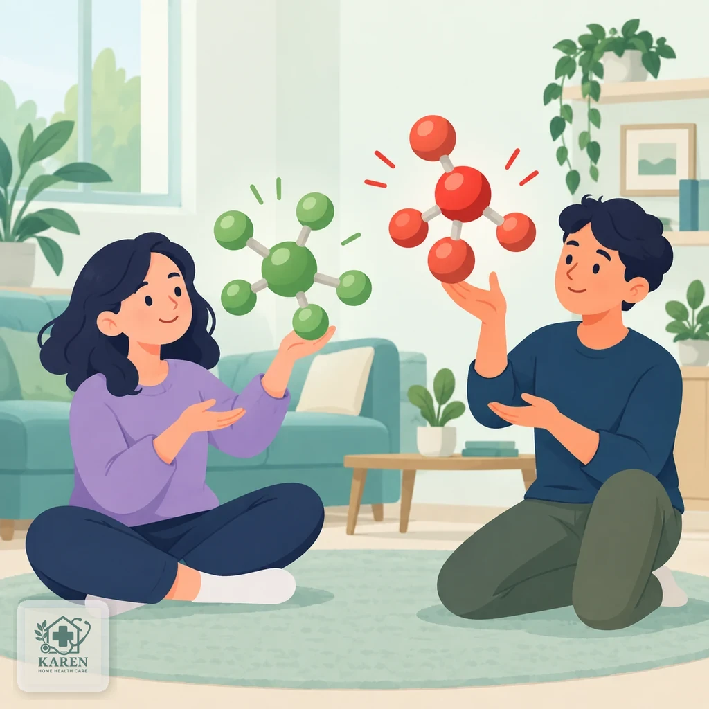 مقایسه‌ی ساده و غیرتخصصی‌ی دو مسیر متابولیسم؛ یکی ایمن‌تر و یکی سمی؛ تصویر مفهومی آموزشی