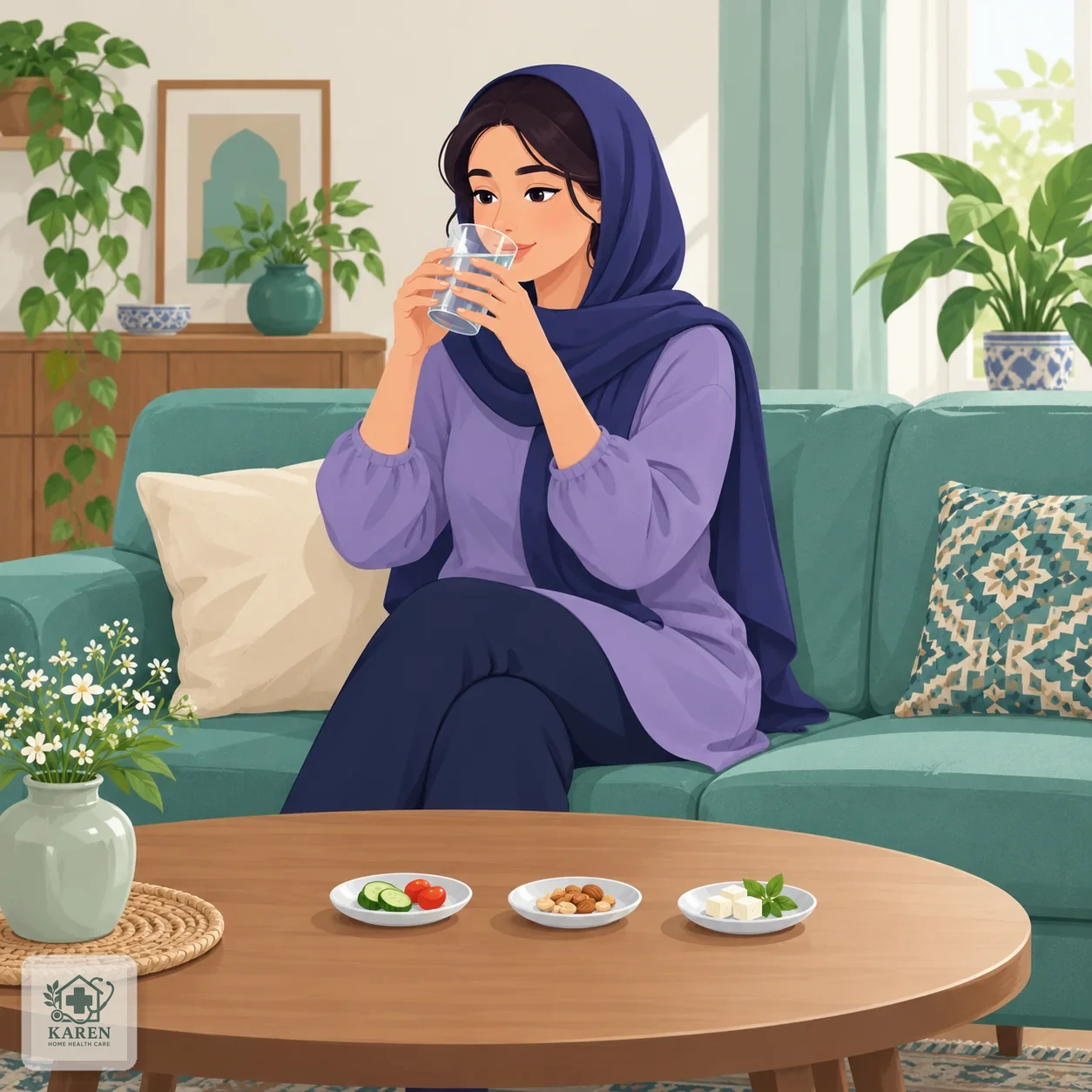 فرد نشسته روی مبل خانه در حال نوشیدن آب با چند وعده کوچک غذا روی میز کنار دست