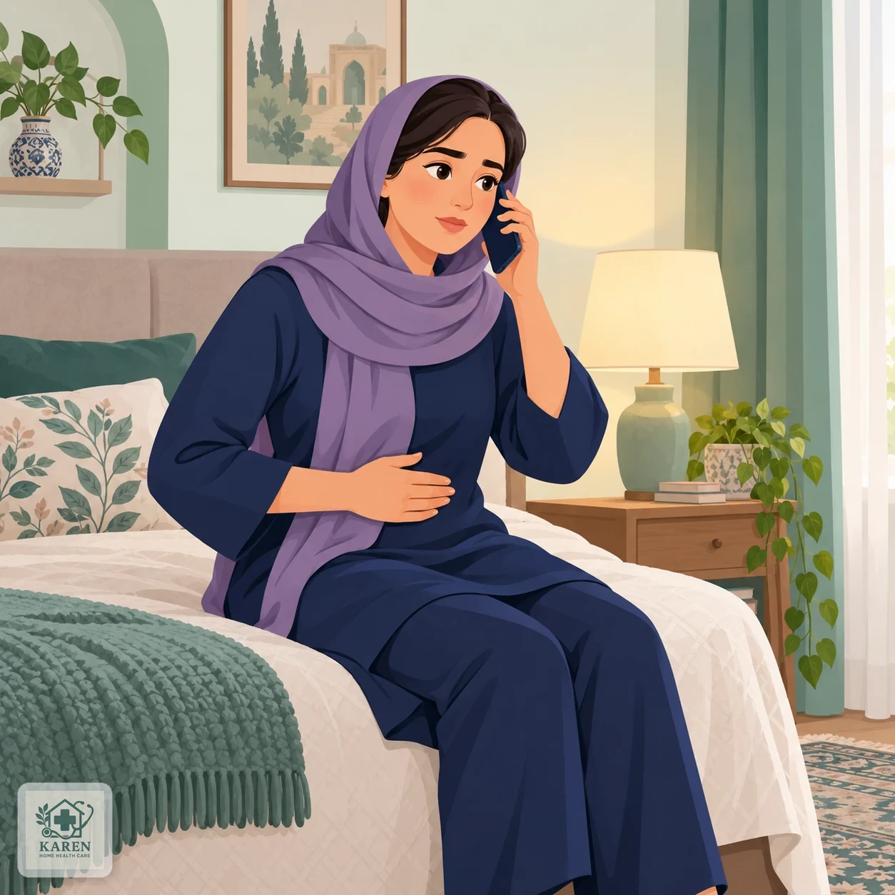 فرد نشسته که یک دست را روی شکم گذاشته و با دست دیگر گوشی تلفن را برای تماس با پزشک برداشته است