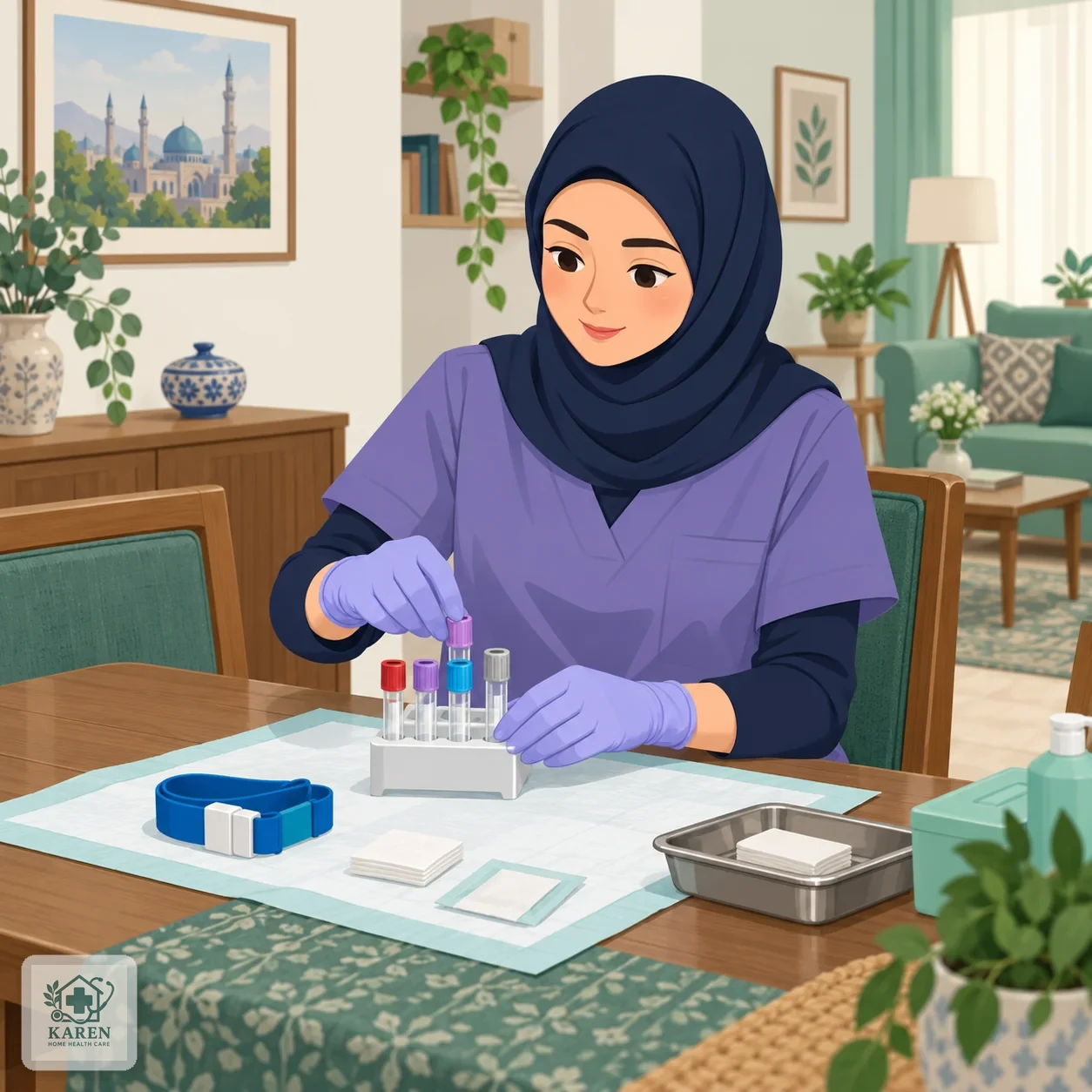 کارشناس نمونه‌گیری در حال آماده کردن لوله‌های آزمایش خون روی میز خانه بیمار