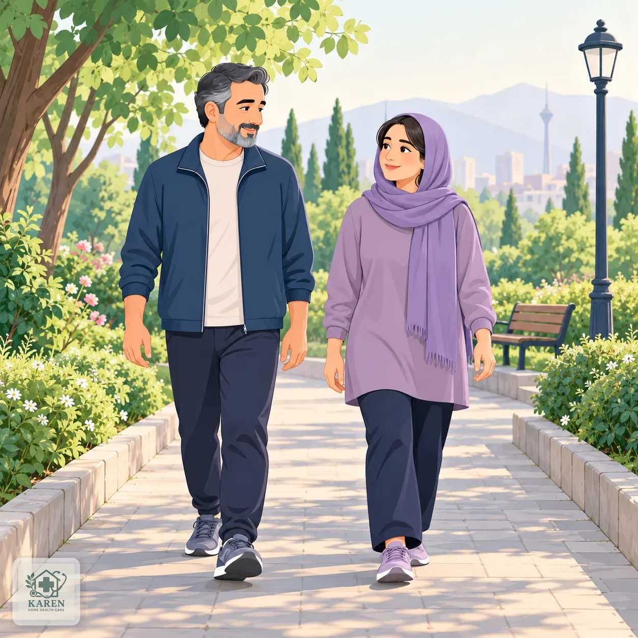 زوجی در حال پیاده‌روی آرام در مسیر پارک به نشانه ادامه تغییر سبک زندگی پس از پایان دوره دارو