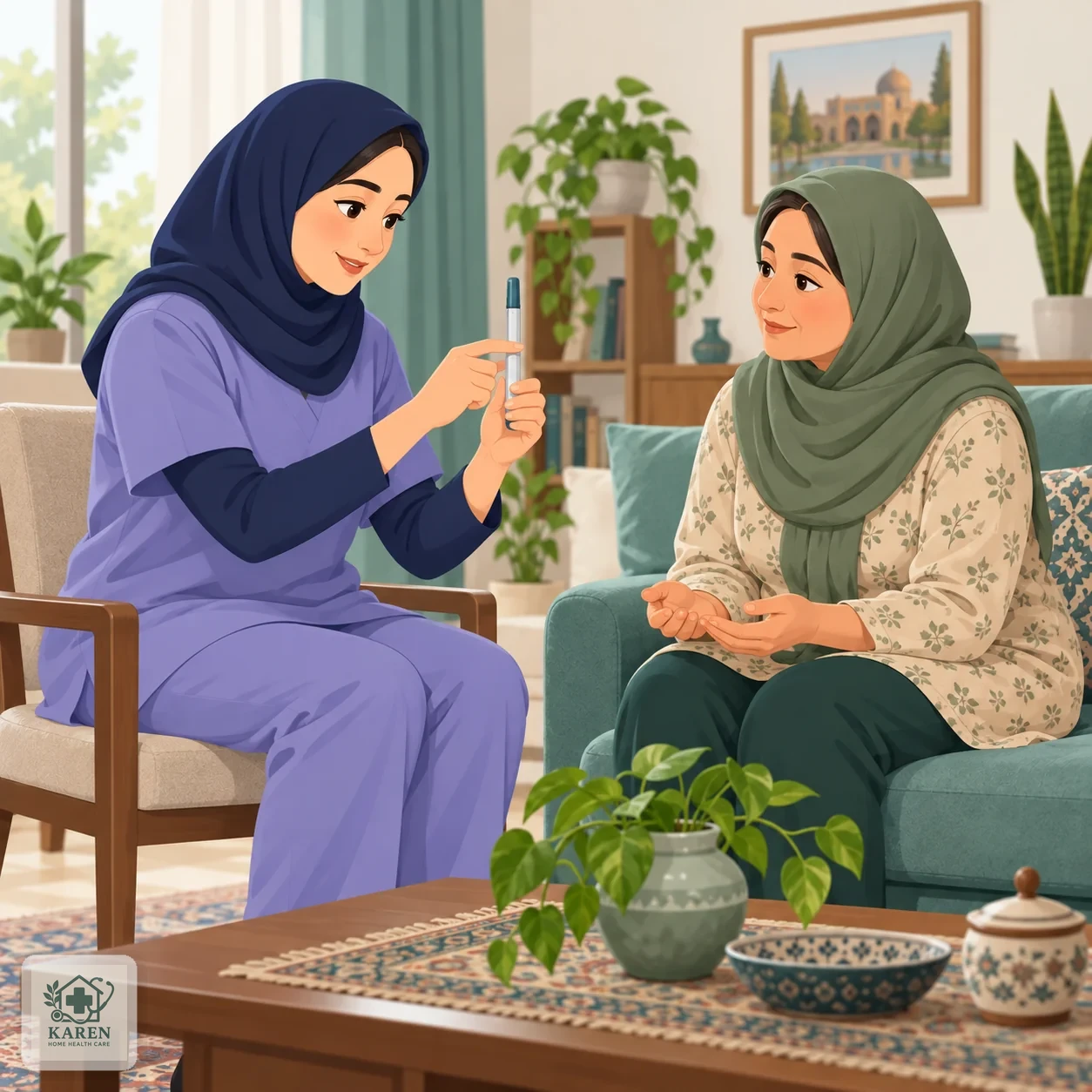 پرستار در حال آموزش نحوه نگه‌داشتن قلم تزریق زیرجلدی به بیمار در نشیمن خانه