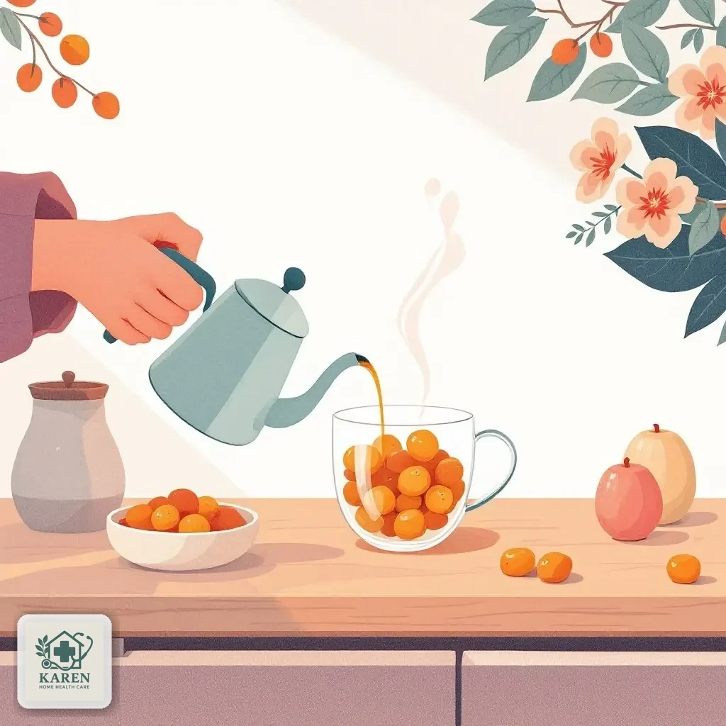 تهیه دمنوش عناب در فنجان شیشه‌ای روی میز چوبی