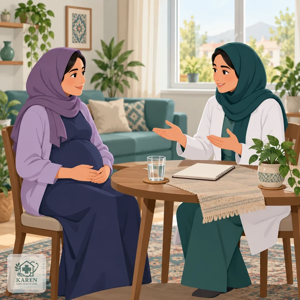 زن باردار در حال گفت‌وگو با پزشک یا ماما در اتاق آرام خانه دربارهٔ واکسن آنفولانزا