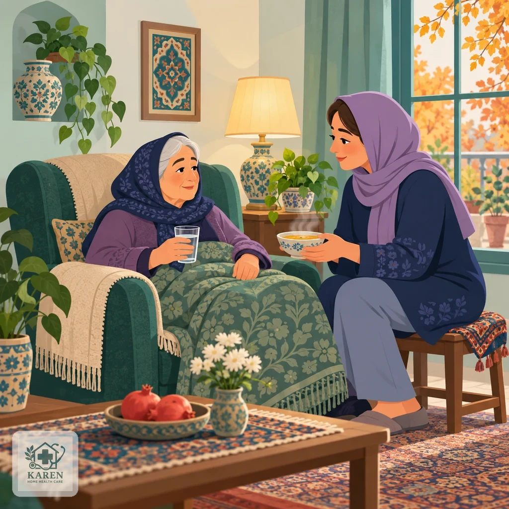 سالمند روی مبل با پتو و لیوان آب در دست، همراه عضوی از خانواده که کنارش نشسته و مراقب اوست