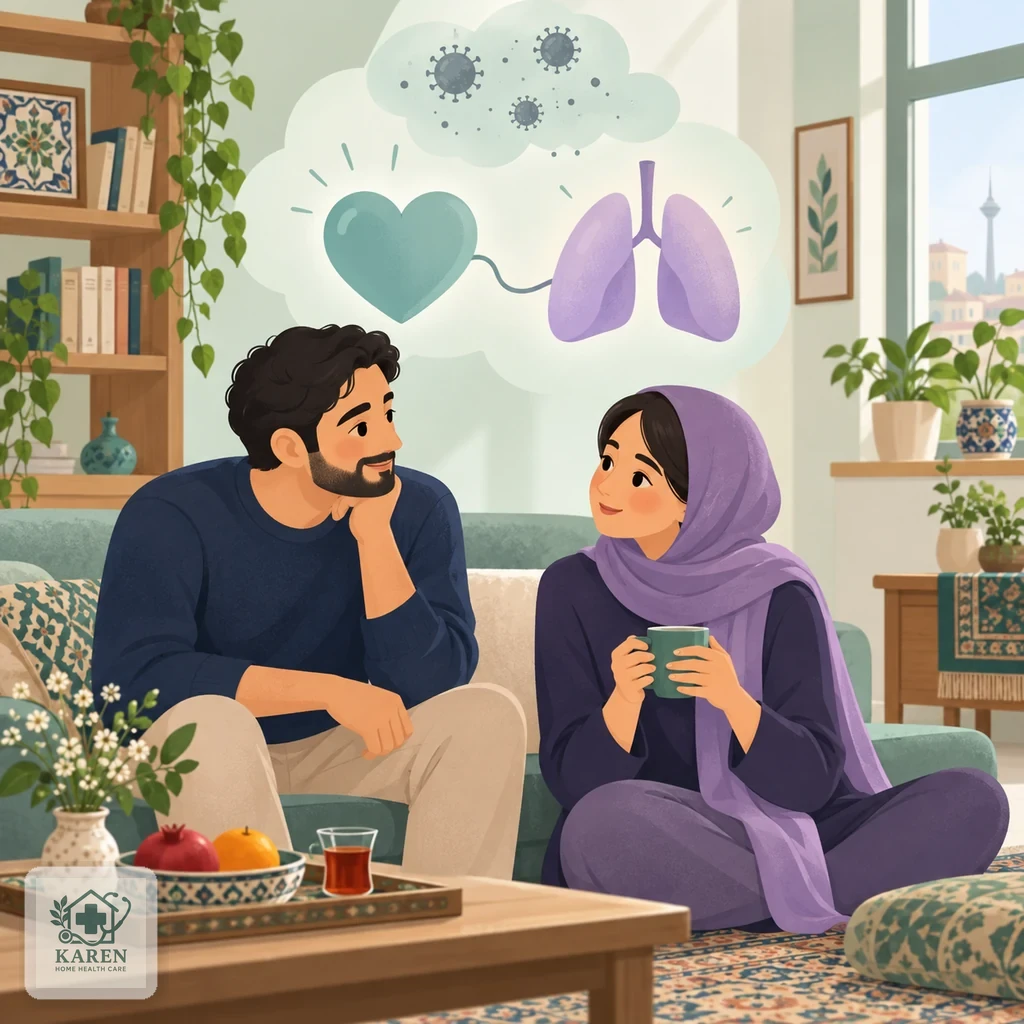 تصویر مفهومی ساده از قلب و ریه به شکل دو شکل گرد و آرام که با یک خط نرم به هم متصل‌اند