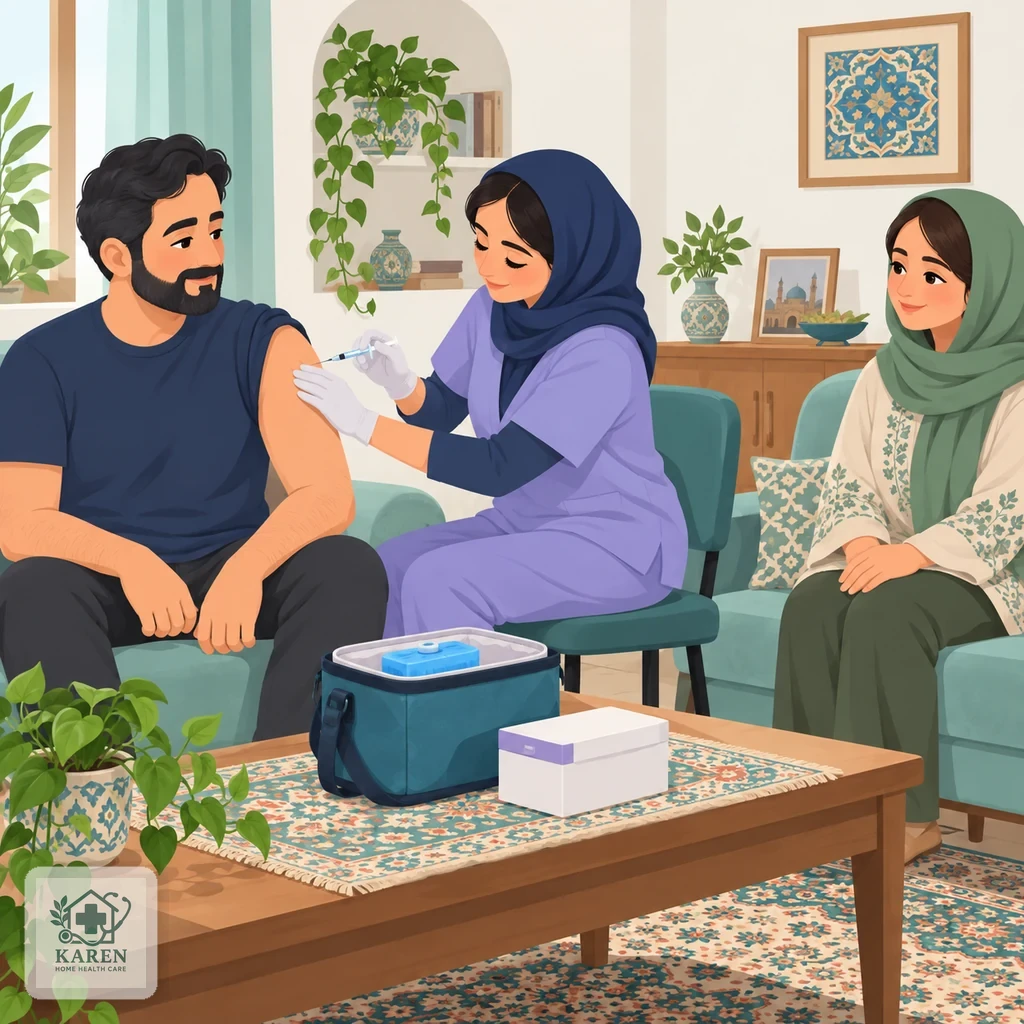 خانواده‌ای که اعضای آن در حال تزریق واکسن توسط پرستار در اتاق نشیمن هستند، با یخچال کوچک حمل واکسن روی میز