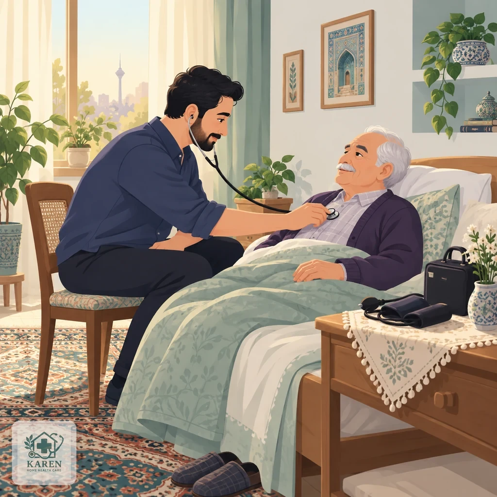 پزشک در منزل در حال معاینهٔ سالمند بیمار روی تخت با دستگاه فشارسنج و گوشی پزشکی