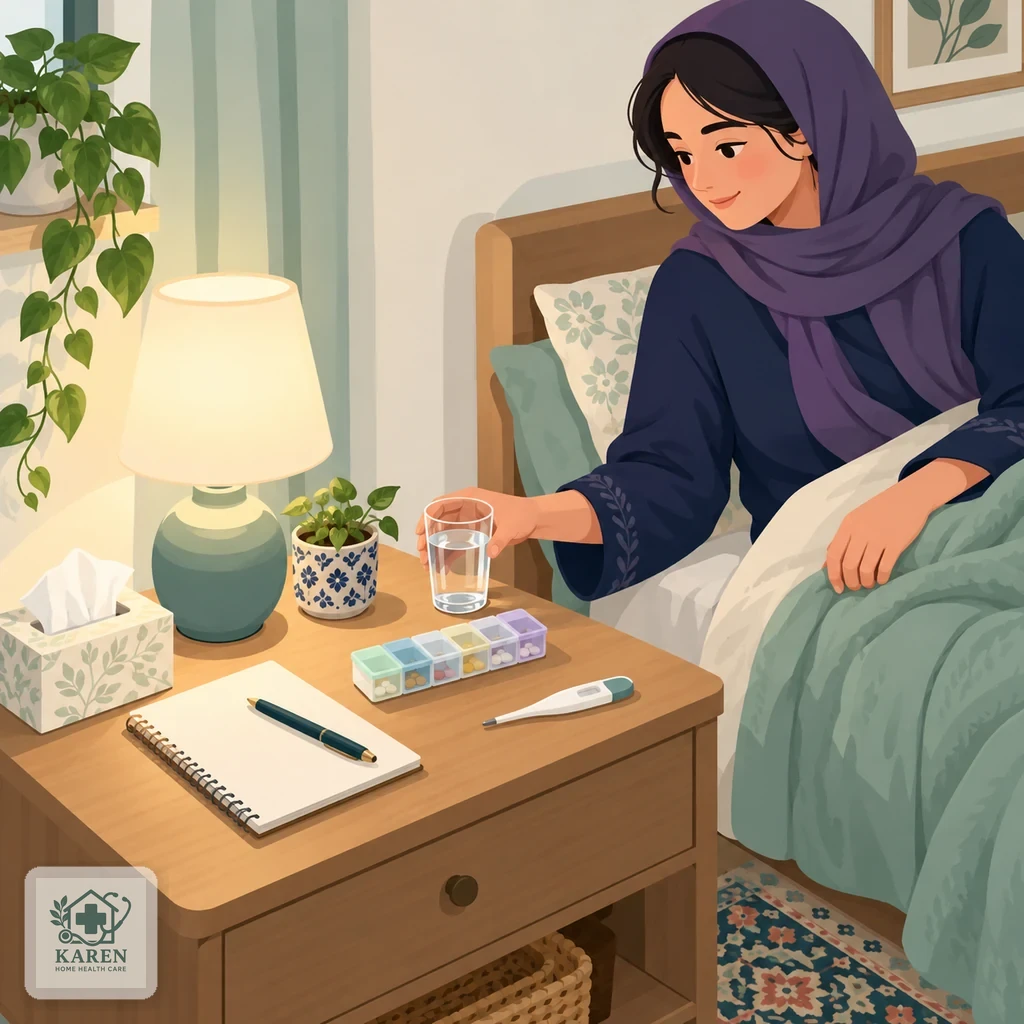میز کنار تخت با لیوان آب، جعبه قرص هفتگی، دماسنج و دفترچهٔ یادداشت علائم برای مراقبت از بیمار مزمن