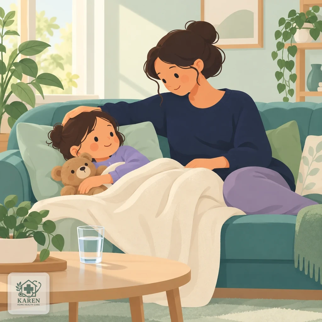 کودک خردسال بی‌حال با پتو روی مبل در اتاق نشیمن و والدی که پیشانی او را آرام لمس می‌کند