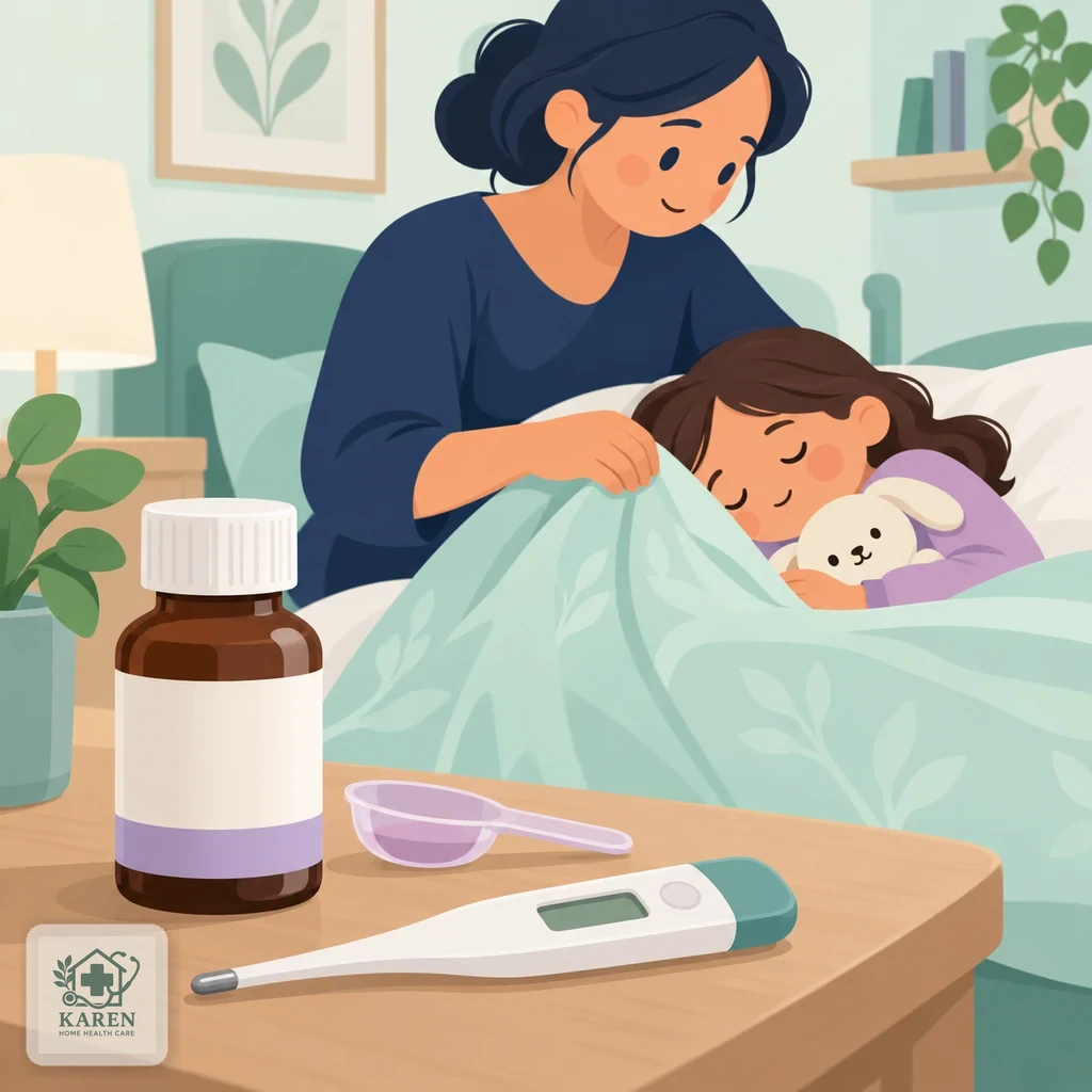 دماسنج دیجیتال و شربت کودک با قاشق اندازه‌گیری روی میز، و دستی که کودک را با پتوی سبک می‌پوشاند