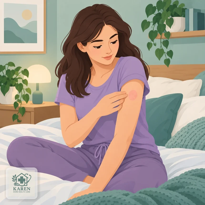 فرد در منزل در حال بررسی محل تزریق روی بازو برای دیدن قرمزی و تورم در روزهای پس از تزریق