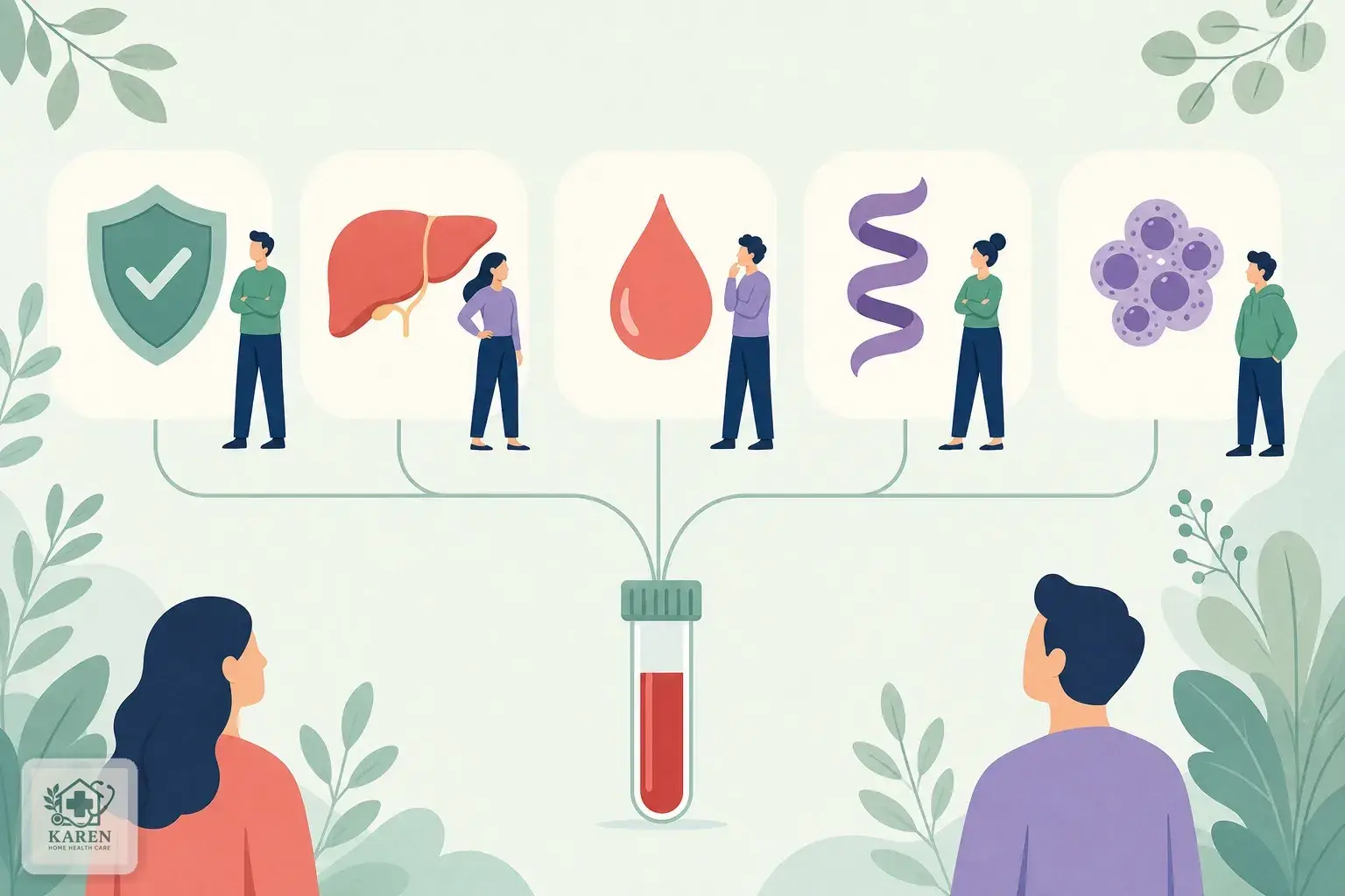 اینفوگرافیک پنج آزمایش پنل بیماری‌های جنسی قبل از ازدواج شامل HIV هپاتیت B هپاتیت C سیفلیس و HPV