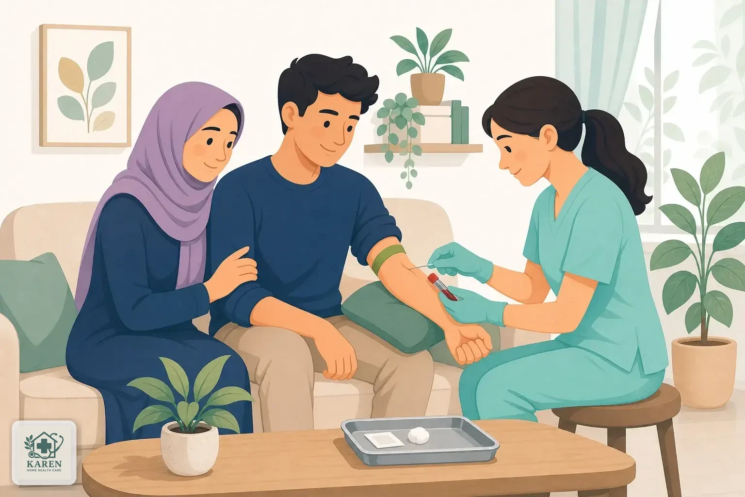 زوج جوان در حال نمونه‌گیری خون برای آزمایش قبل از ازدواج در منزل