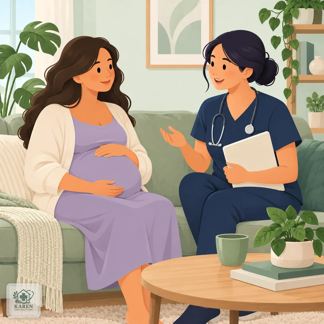 زن باردار و پزشک در حال گفت‌وگو دربارهٔ برنامهٔ آزمایش‌ها در اتاق نشیمن