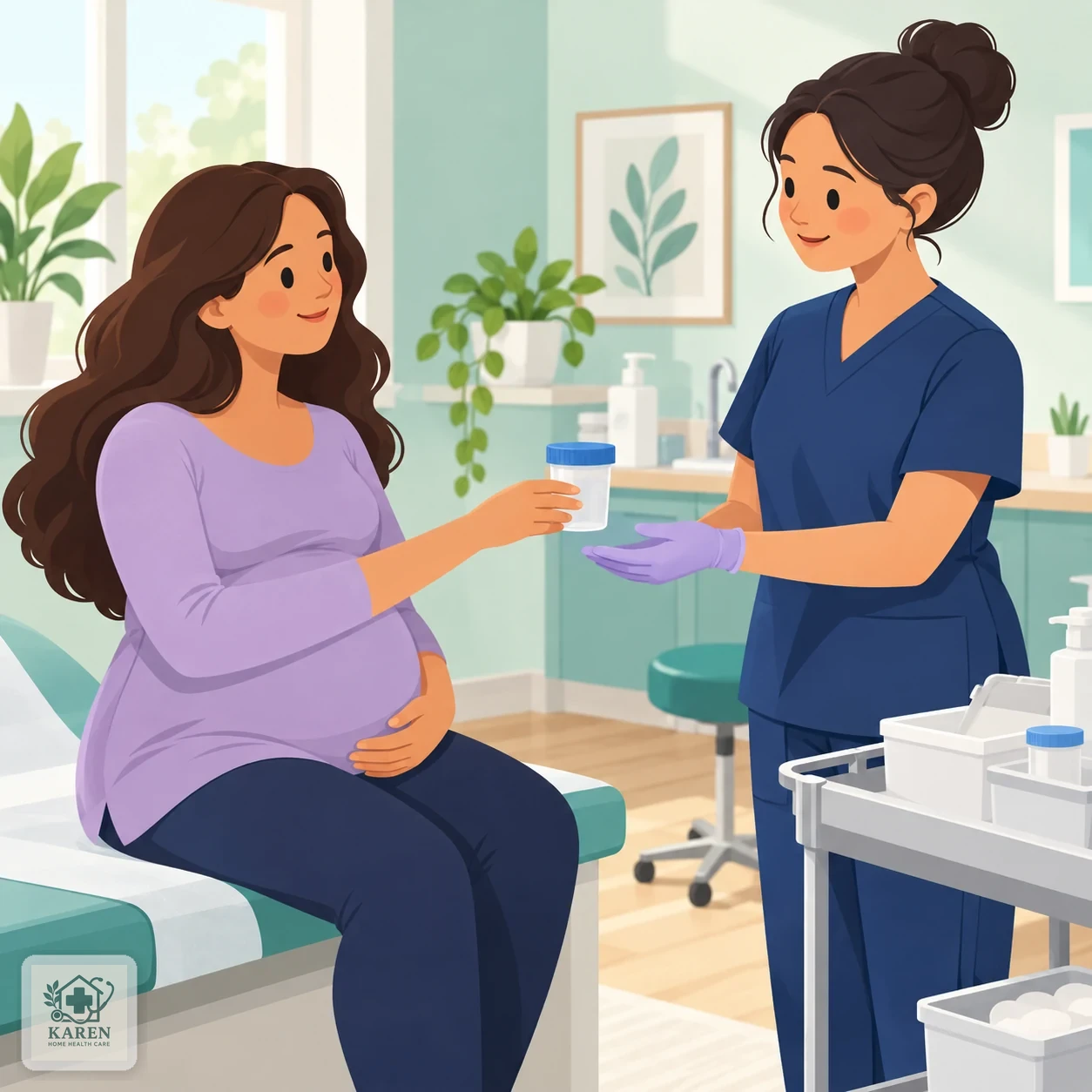 زن باردار در حال تحویل ظرف نمونهٔ ادرار به پرستار در یک اتاق روشن