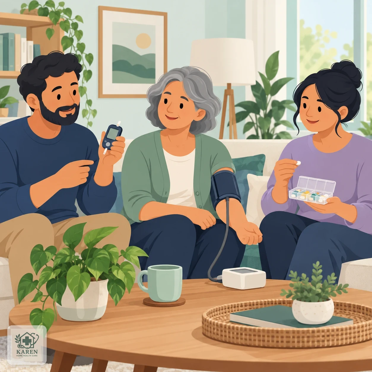 چند بزرگسال در خانه با قندسنج، فشارسنج و جعبهٔ دارو؛ نماد گروه‌های پرخطر برای بررسی دوره‌ای کلیه