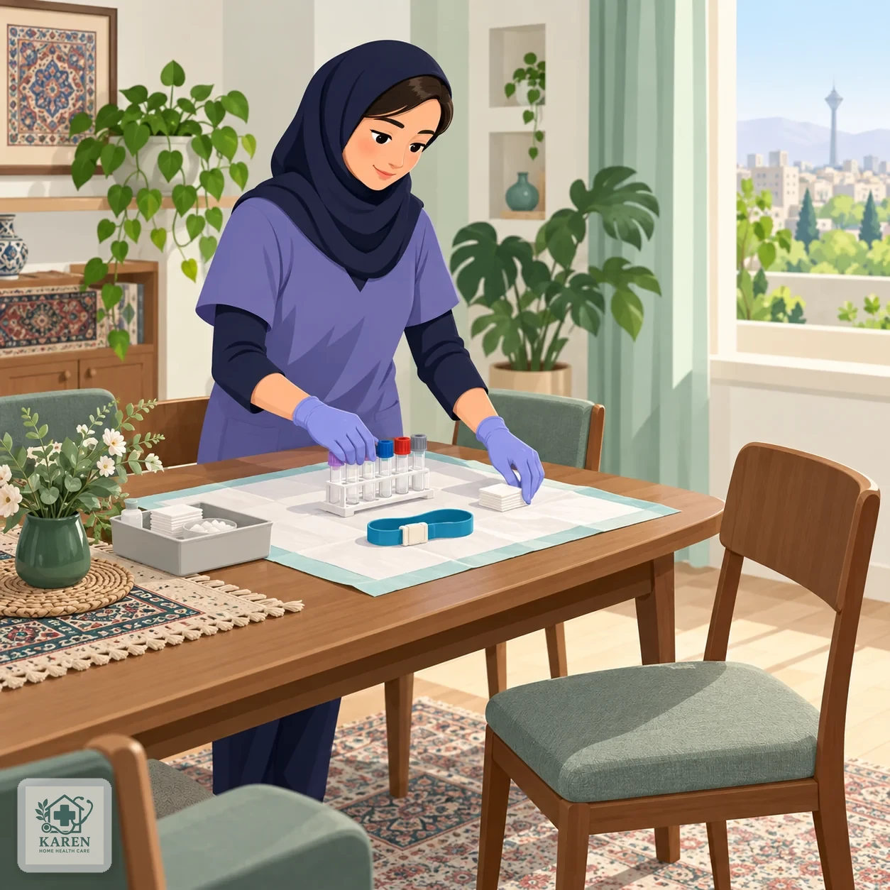 کارشناس نمونه‌گیری با تجهیزات استریل در حال آماده‌سازی نمونه خون روی میز خانه بیمار