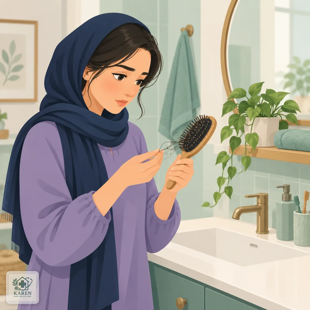 زنی در حال نگاه کردن به برس مو در دستشویی خانه با حالت نگرانی ملایم