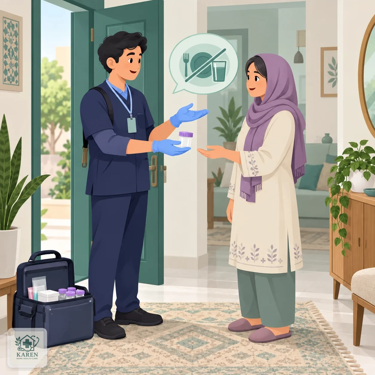 کارشناس نمونه‌گیری در حال تحویل ظرف نمونه و توضیح شرایط ناشتایی به بیمار در ورودی خانه