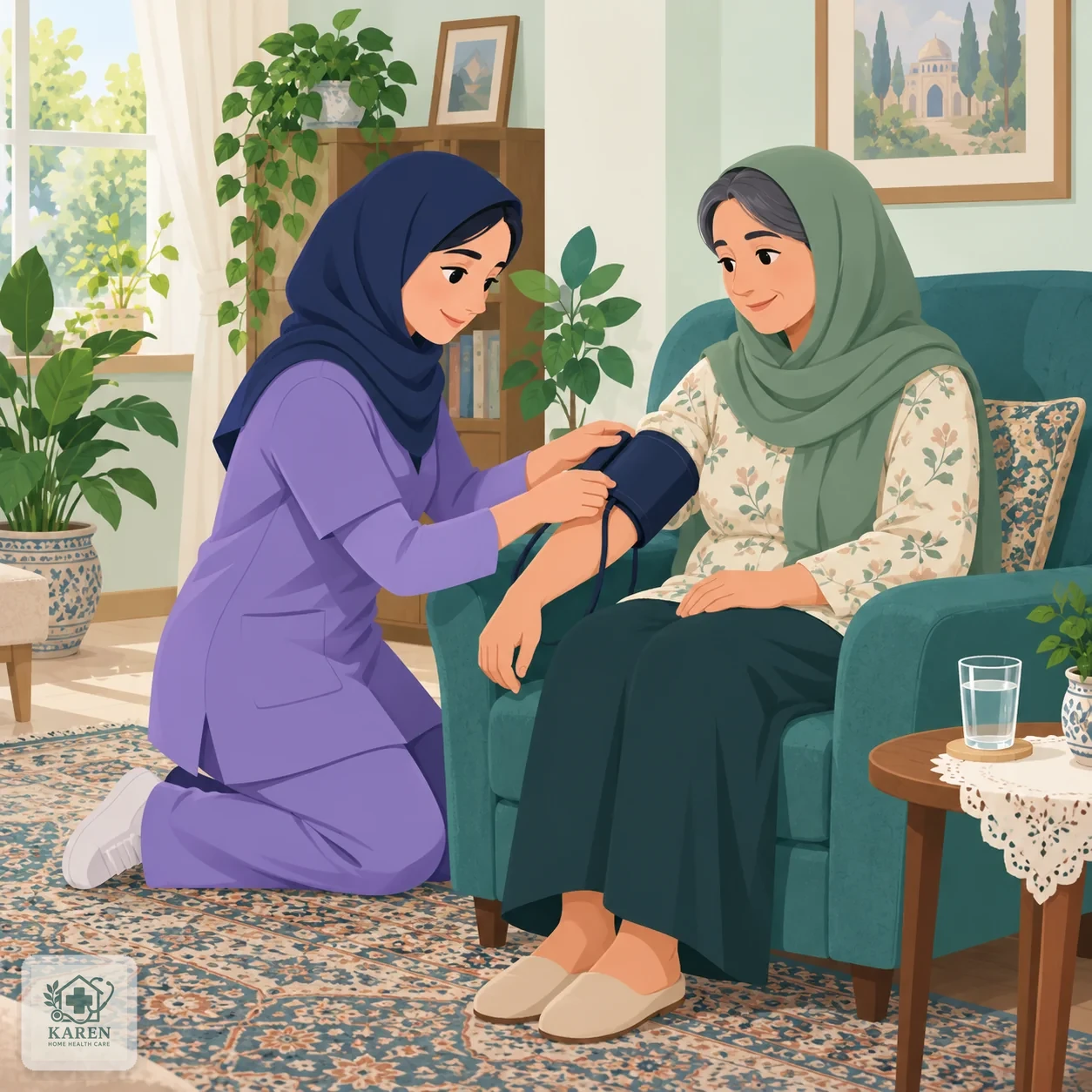 پرستار در حال کنترل فشار خون بیمار نشسته روی صندلی در نشیمن خانه