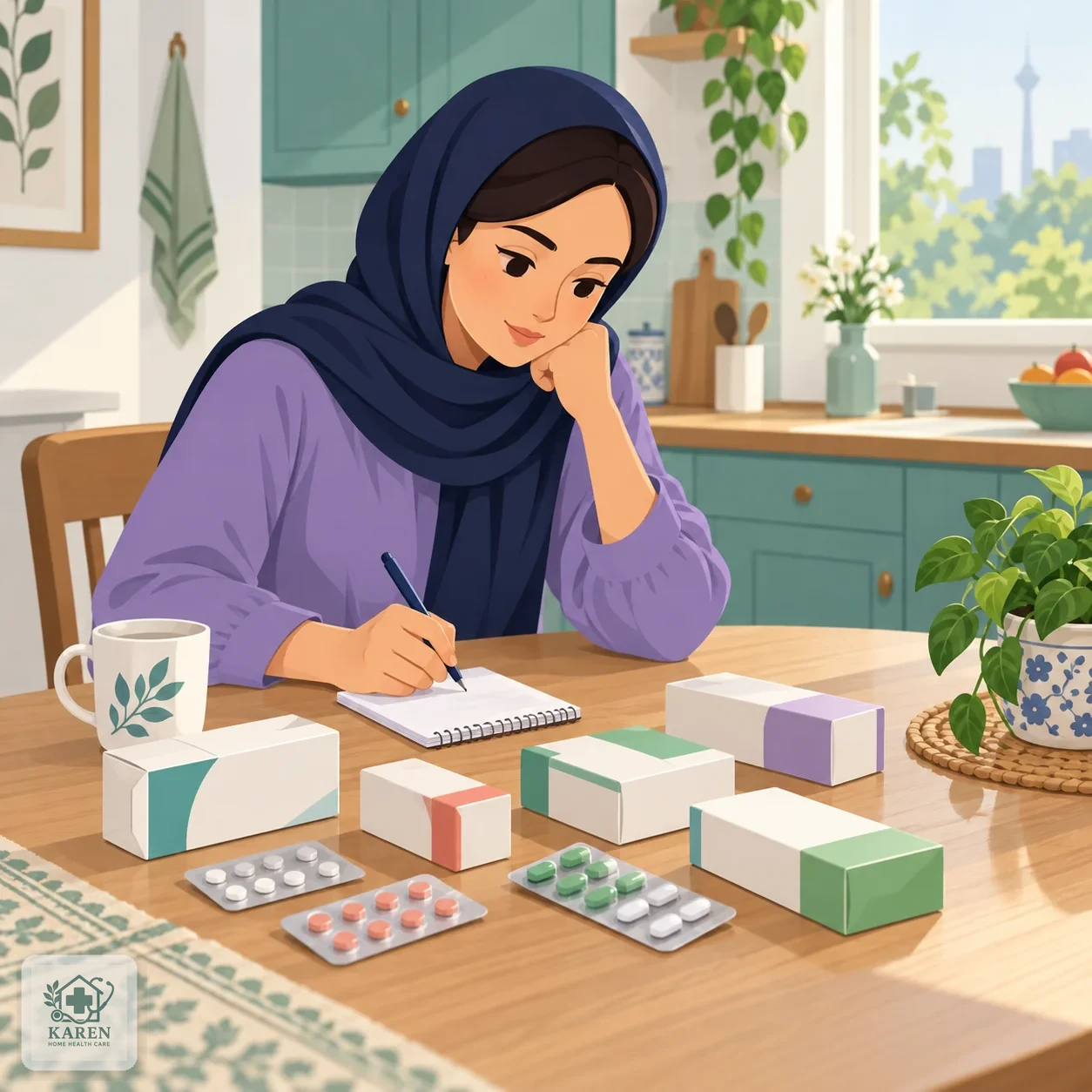 فرد نشسته پشت میز آشپزخانه در حال یادداشت کردن فهرست داروهای مصرفی خود روی کاغذ