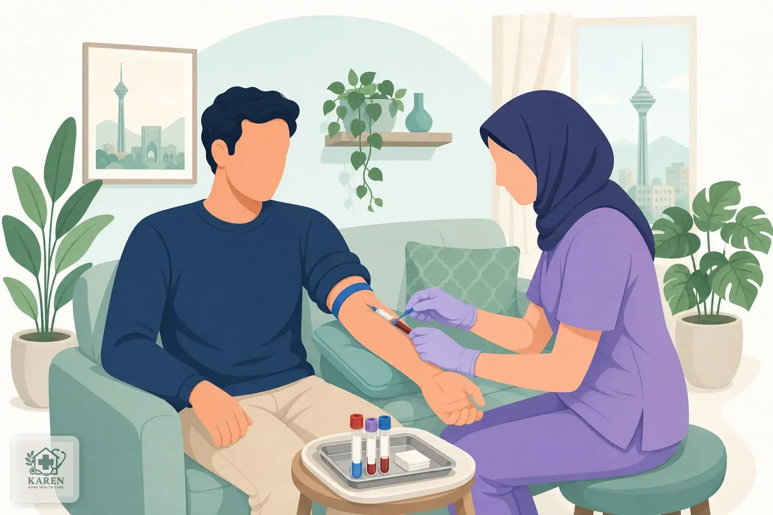 نمونه‌گیری خون در منزل پیش از کاشت مو توسط پرستار کارن درمان در تهران