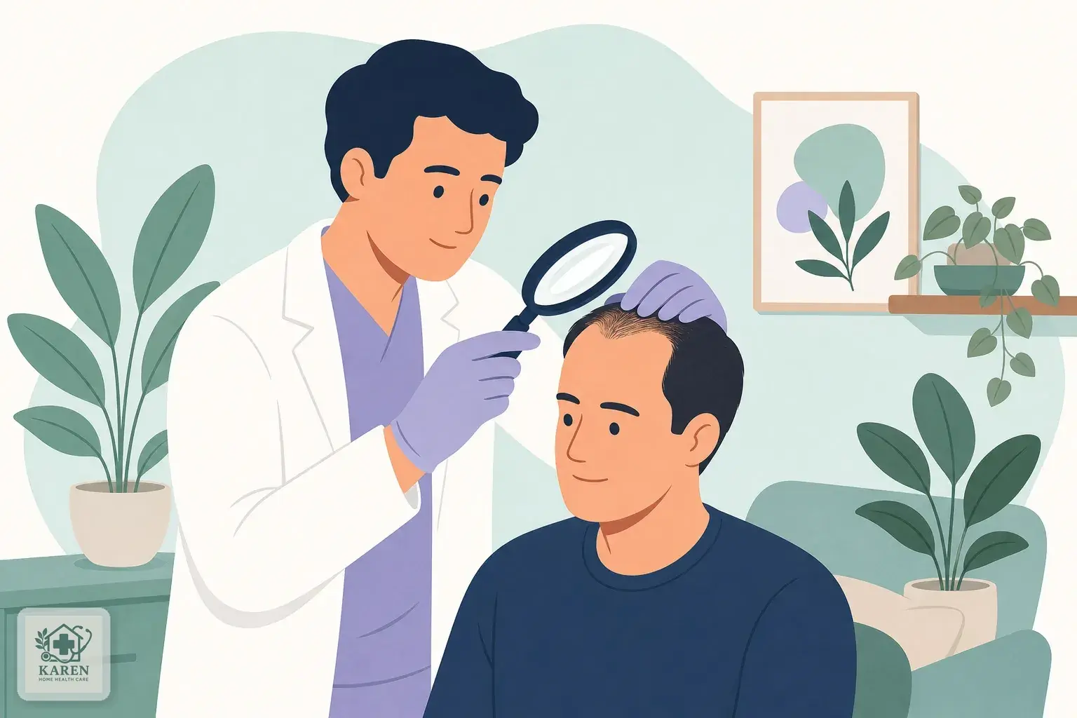 معاینه پوست سر توسط پزشک پیش از تصمیم به کاشت مو