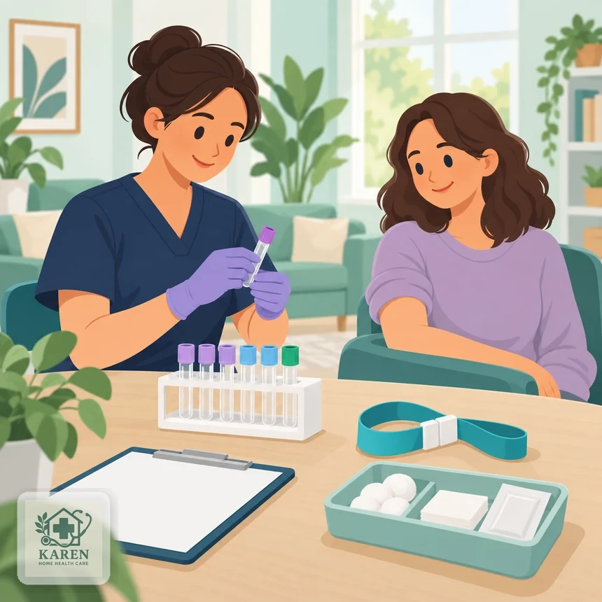 کیت نمونه‌گیری آزمایش خون و دفترچهٔ یادداشت پزشک روی میز در منزل