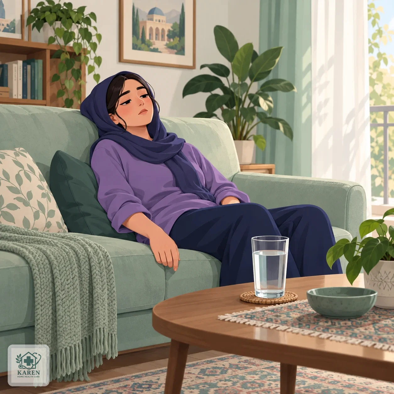 فرد نشسته روی مبل خانه با حالت بی‌حالی و لیوان آب پر روی میز کنار دست