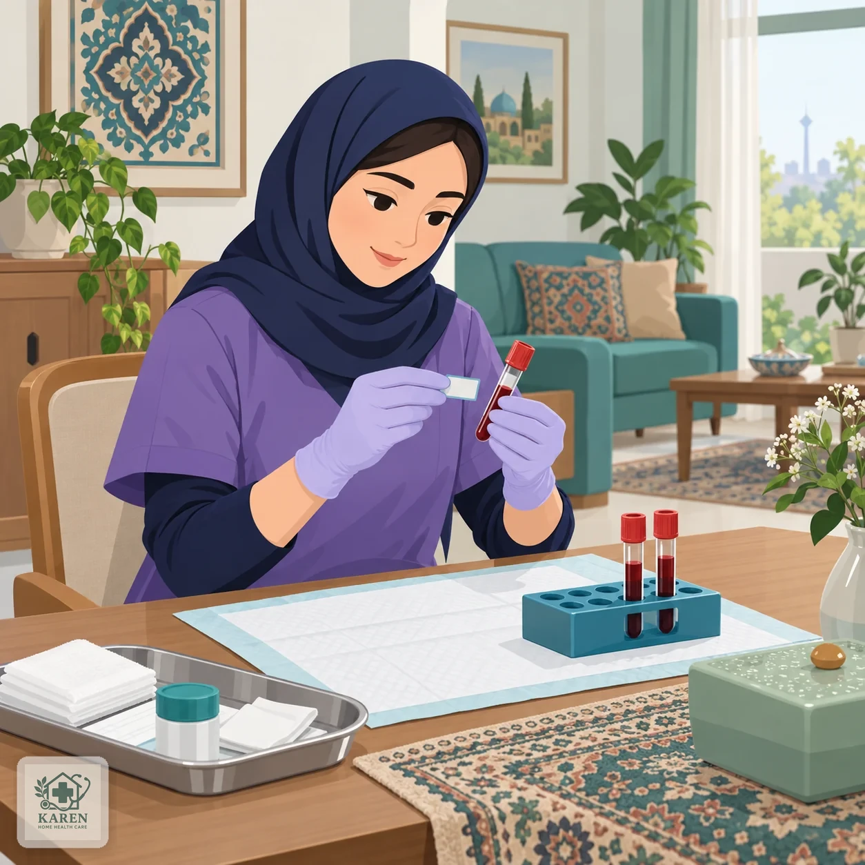 کارشناس نمونه‌گیری در حال برچسب‌زدن لوله‌های نمونه خون روی میز خانه بیمار