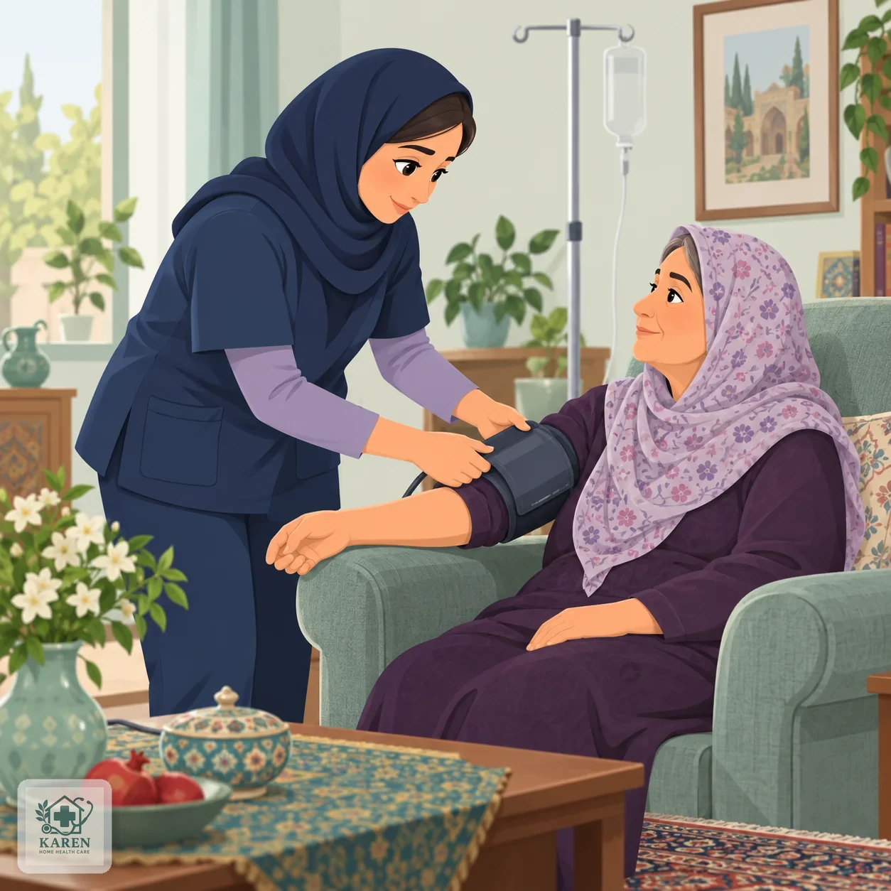 پرستار در حال کنترل فشار خون بیمار نشسته روی صندلی پیش از تصمیم درباره وصل سرم در منزل