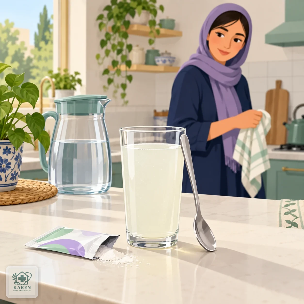 لیوان محلول جبران مایعات و بسته پودر ORS روی پیشخوان آشپزخانه خانه