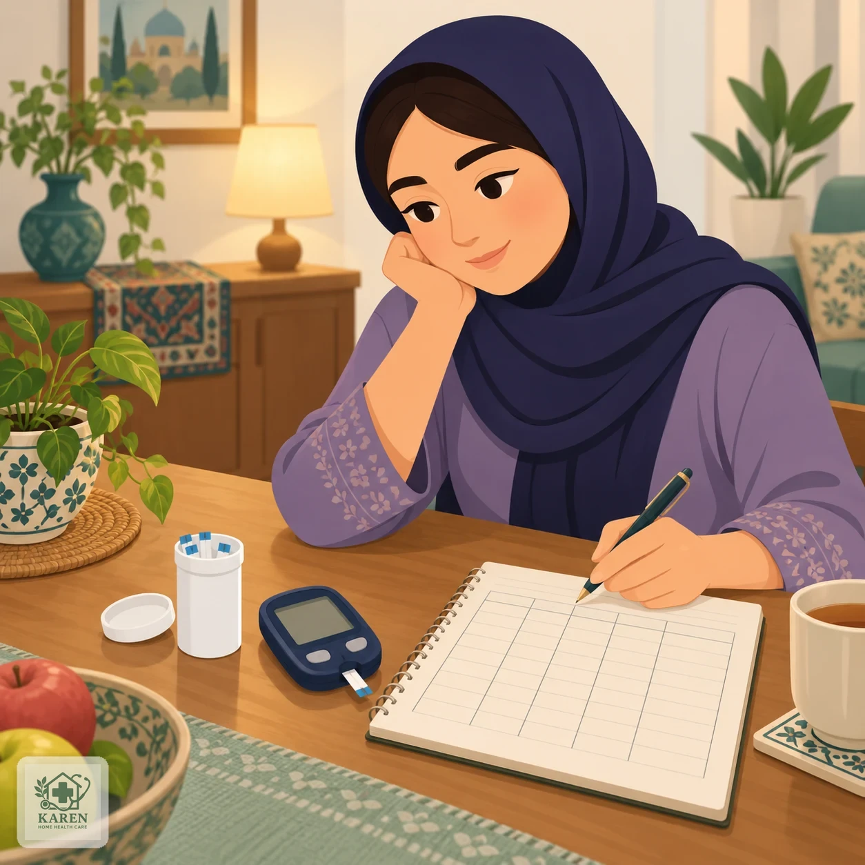 دستگاه گلوکومتر و نوار تست روی میز کنار دفتر ثبت اعداد قند خون روزانه