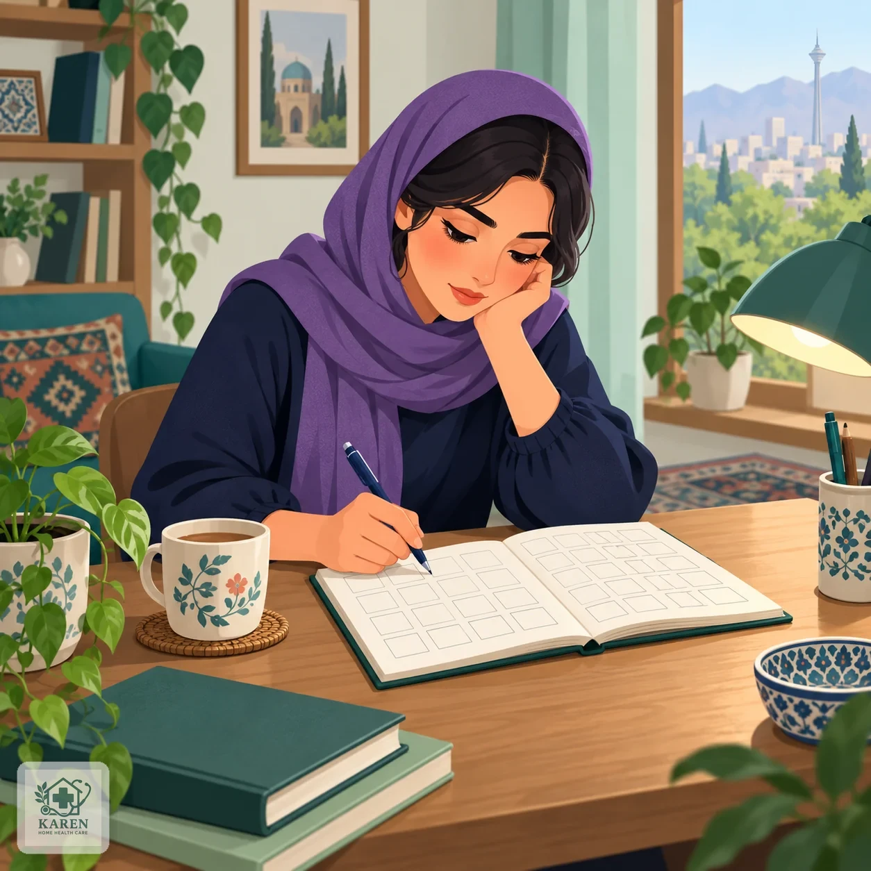 فرد نشسته پشت میز در حال یادداشت کردن روزهای هفته و شدت ضعف خود در یک دفتر