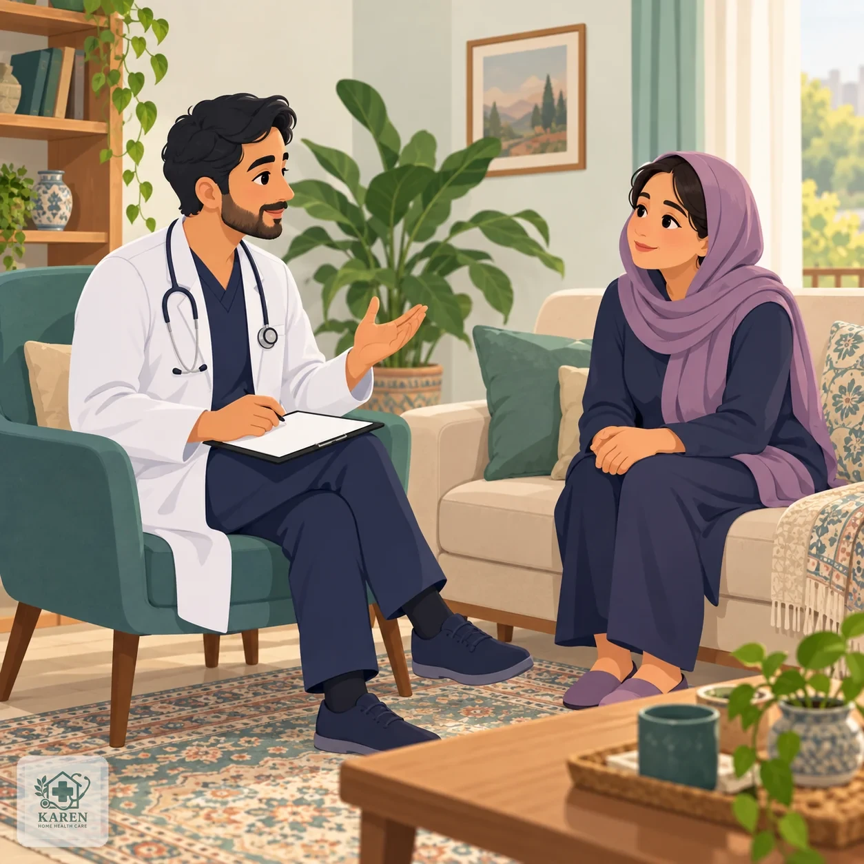 پزشک نشسته روبه‌روی بیمار در نشیمن خانه در حال توضیح دادن نتیجه بررسی و برنامه بعدی