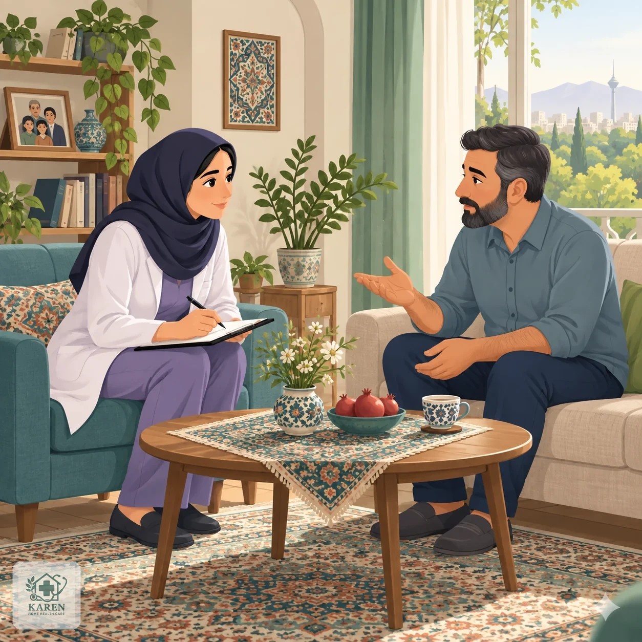 پزشک نشسته روبه‌روی بیمار در نشیمن خانه در حال پرسیدن سابقه بیماری‌های خانوادگی و یادداشت‌برداری