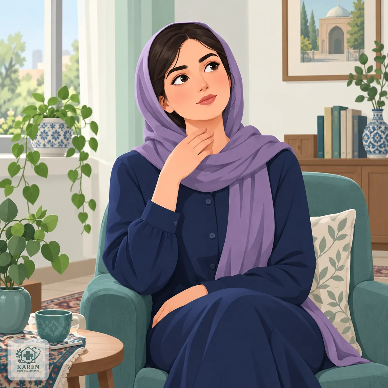فرد نشسته روی صندلی که دستش را به سمت گردن خود گرفته به نشانه توجه به علائم ناحیه گردن