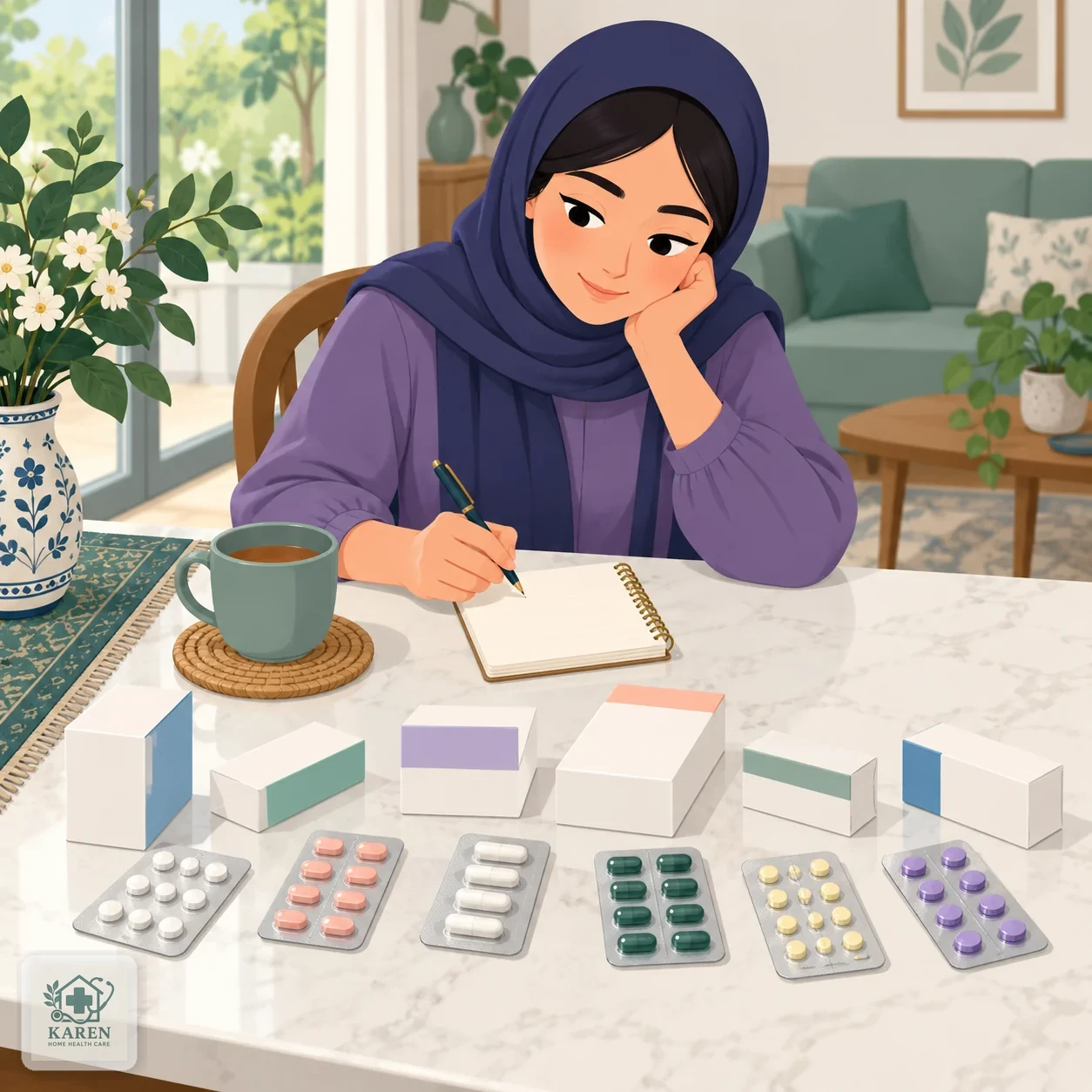 میز با چند بسته دارویی مختلف و یک برگه فهرست داروهای مصرفی نوشته‌شده با دست