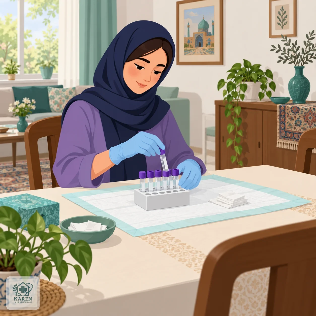 کارشناس نمونه‌گیری در حال آماده‌سازی لوله‌های آزمایش خون روی میز خانه بیمار