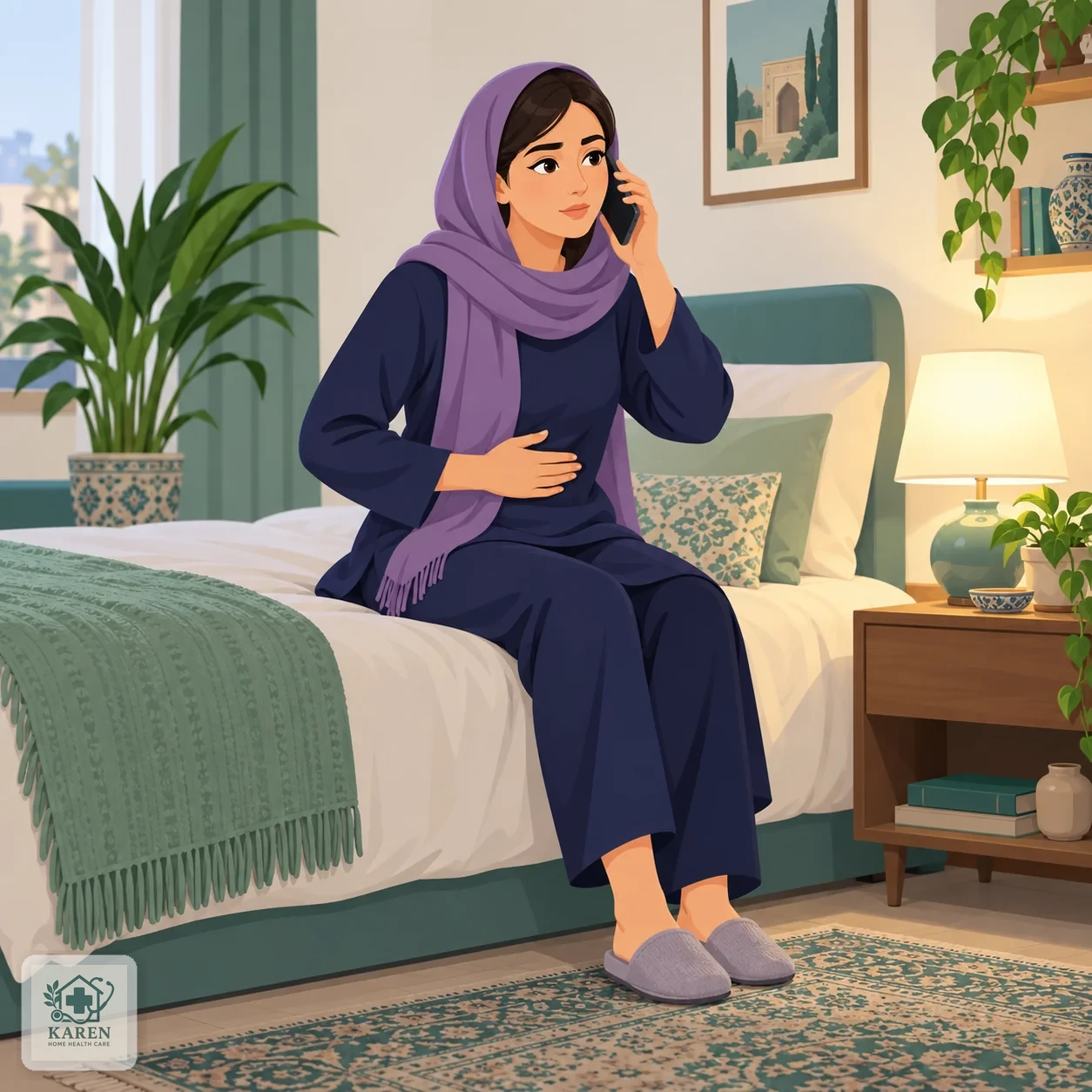 فرد نشسته که یک دست را روی شکم گذاشته و با دست دیگر گوشی تلفن را برای تماس برداشته است