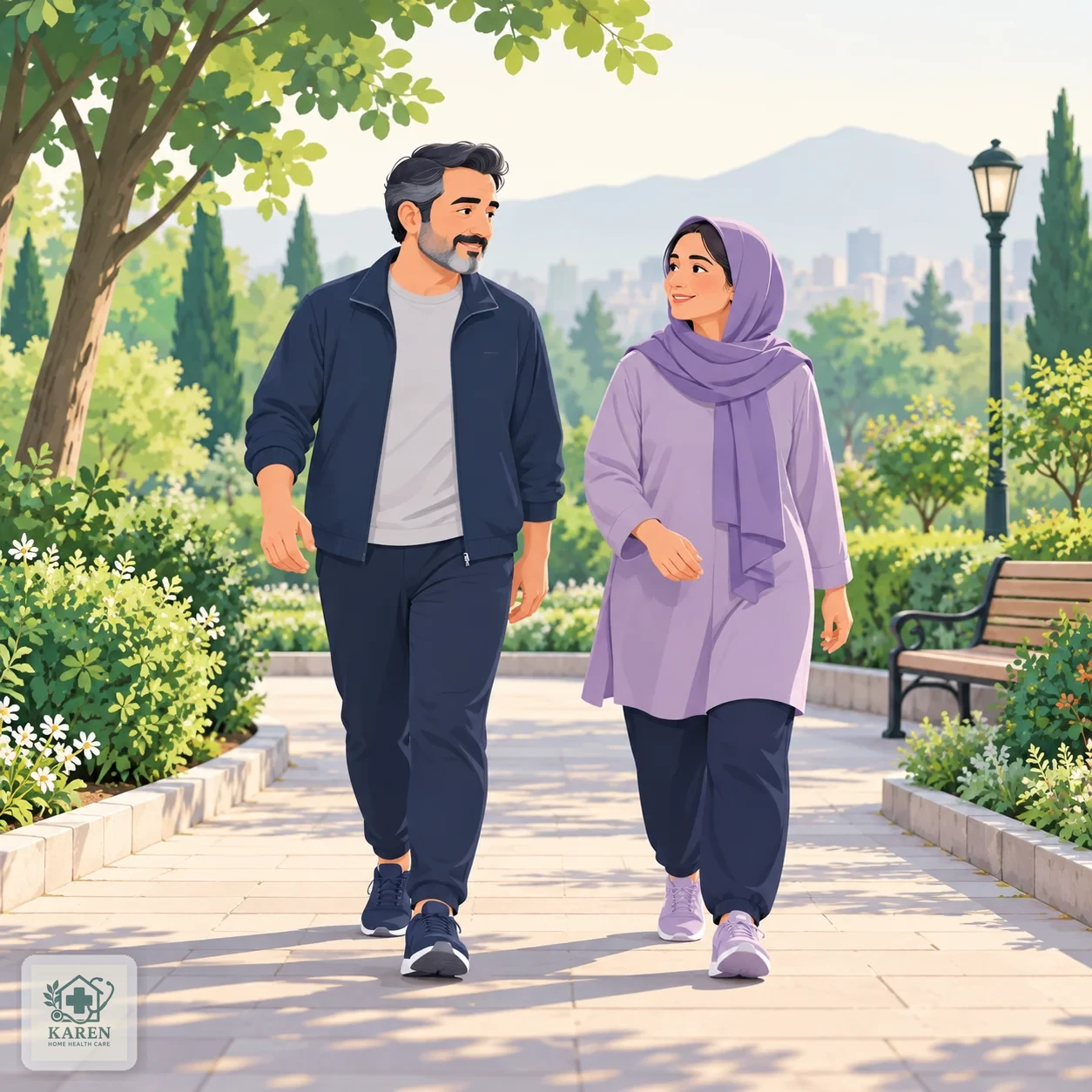 زوجی در حال پیاده‌روی آرام در مسیر پارک در ساعات ابتدایی روز