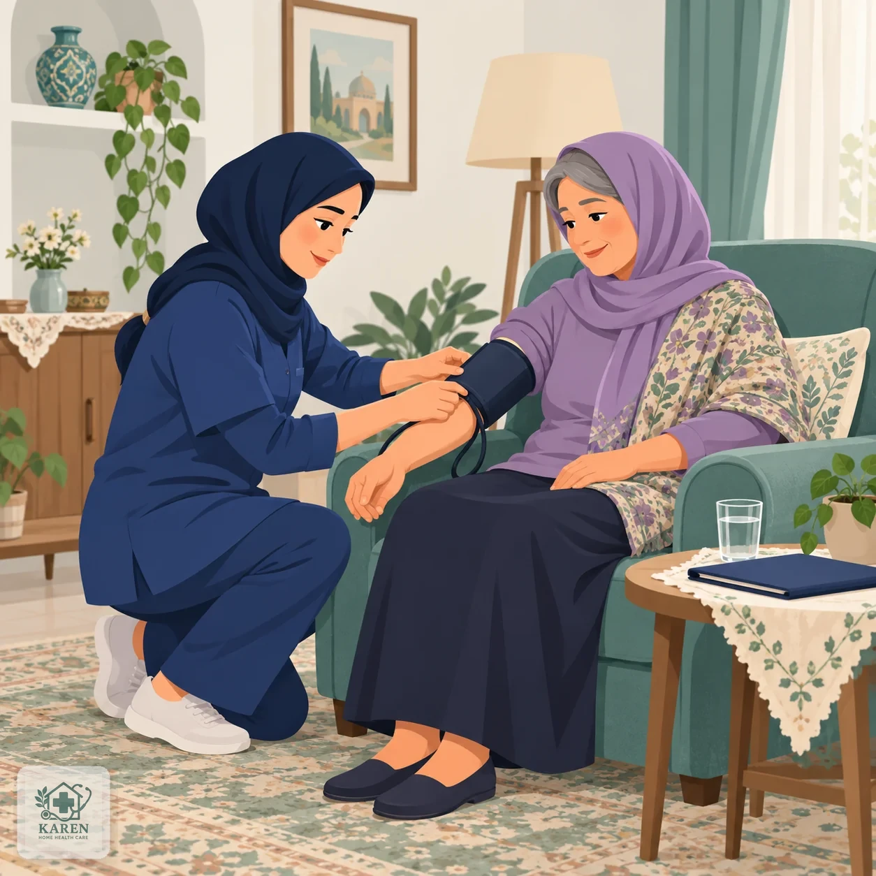 پرستار در حال کنترل فشار خون بیمار نشسته روی صندلی در نشیمن خانه