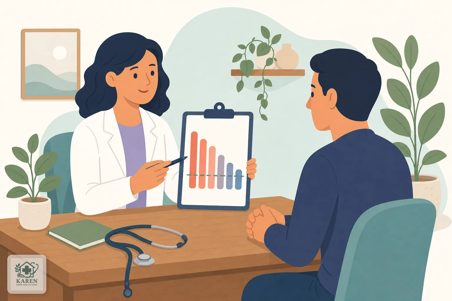 پزشک در حال توضیح روند تغییرات نتیجه آزمایش D-dimer به بیمار