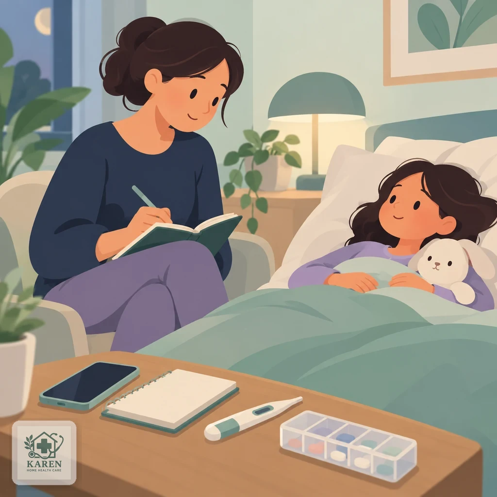 تلفن همراه روی میز کنار دماسنج و دفترچهٔ یادداشت علائم، نمادی از ثبت علائم و تماس به‌موقع با پزشک
