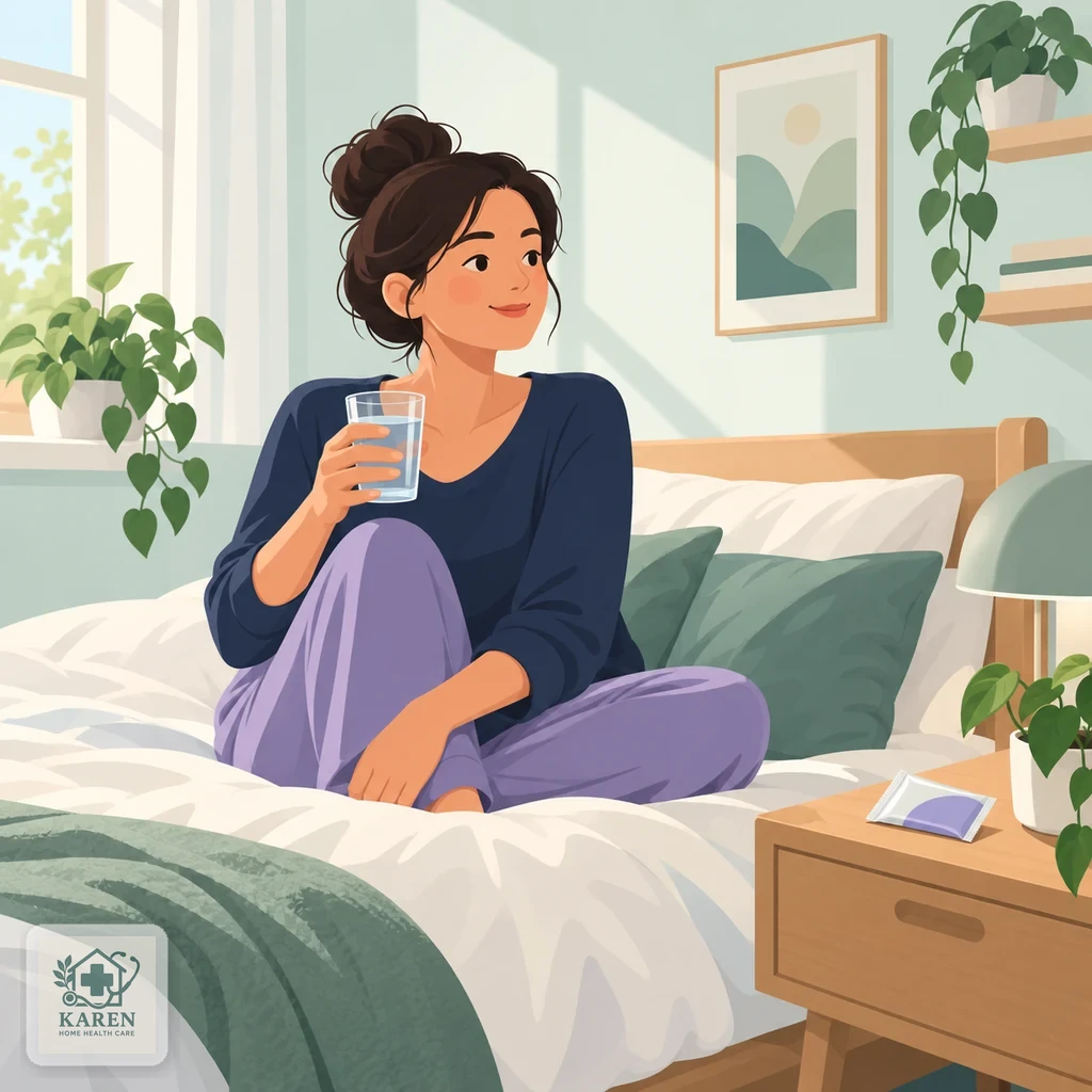 صبح‌گاه آرام؛ فردی در تخت با لیوان آب و ORS روی پاتختی