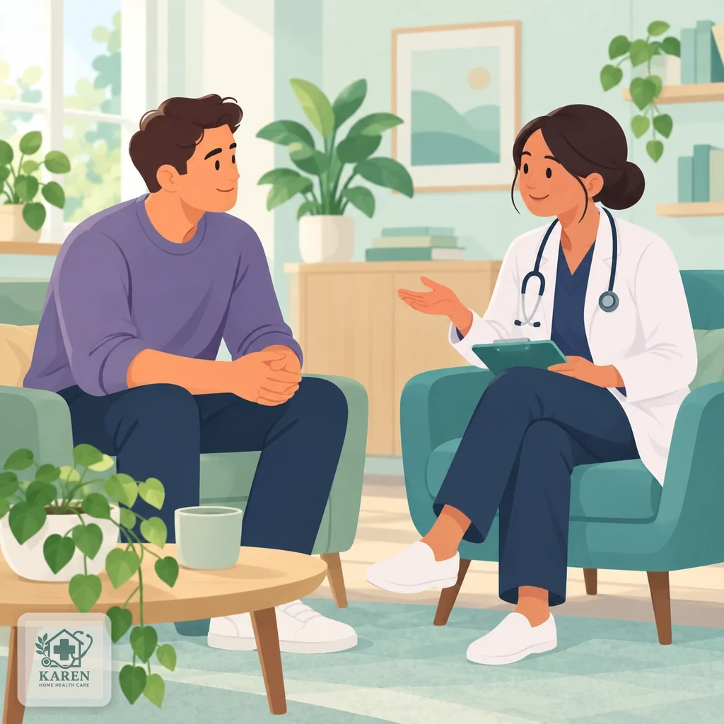 گفتگوی آرام فرد با پزشک درباره‌ی الگوی نوشیدن؛ فضای مطب بدون قضاوت